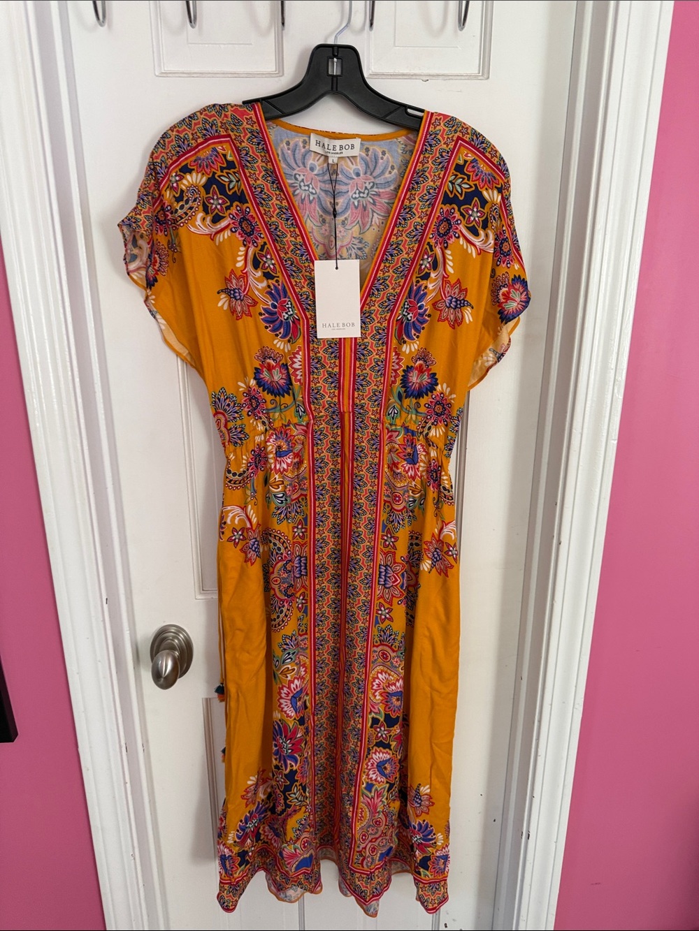 Hale Bob Golden Yellow Floral Maxi Dress with Pink & Blue Accents